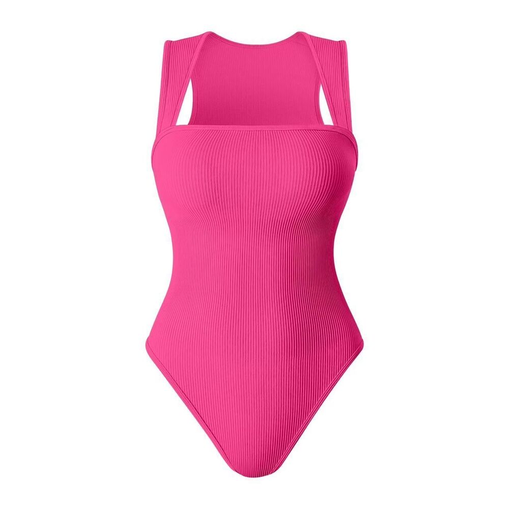 NEW PINK Bodysuits Sexy Ribbed Strappy Square Neck Sleeveless Tummy Control S